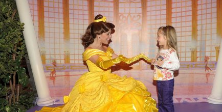 a Disney princess greets an unbelieving child