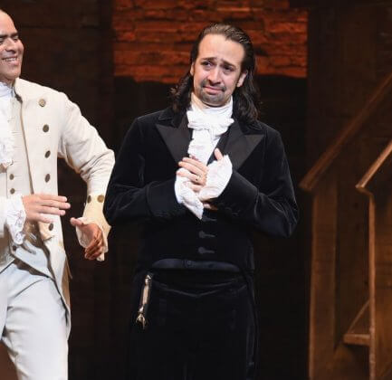 Hamilton performers attend Lin-Manuel Miranda's final performance on Broadway in July 2016 in New York City.
