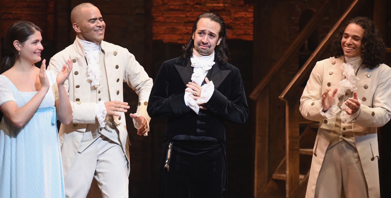 Hamilton performers attend Lin-Manuel Miranda's final performance on Broadway in July 2016 in New York City.